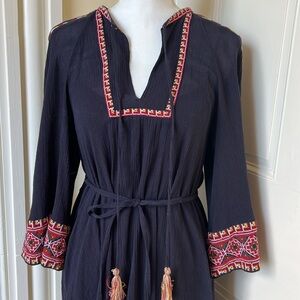 Embroidered Navy Blue Dress with Red Accents